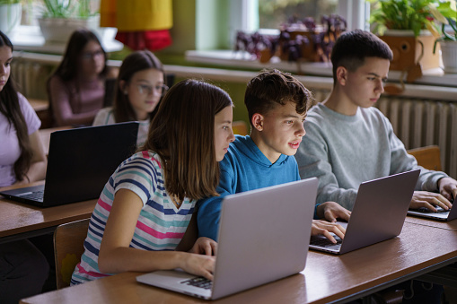 Children use laptops in class at school